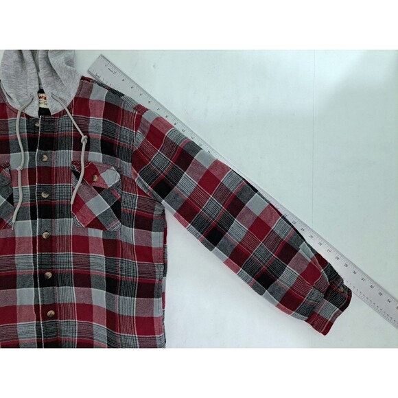 Wrangler Plaid Flannel Men's Medium Jacket Hooded Quilted Lining Shacket Red - Picture 9 of 9